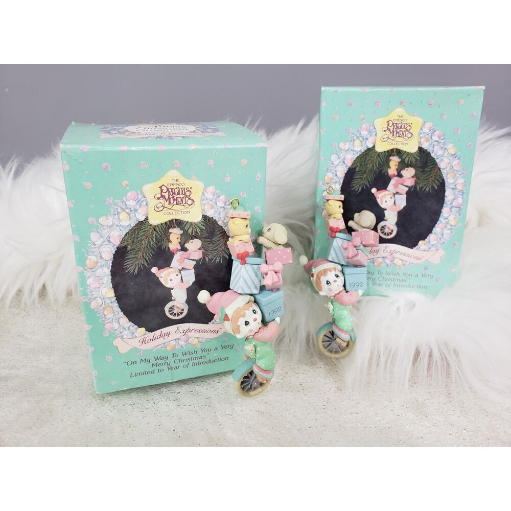 Lot 2 Precious Moments 1992 Ornament On My Way To Wish You Very Merry Christmas